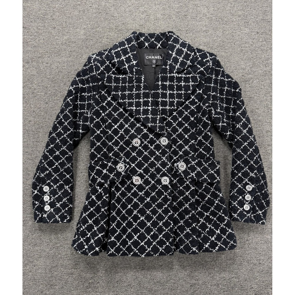 Chanel Coat Womens 40 Black La Pausa 19c Tweed Pea Coat Silk Lined France